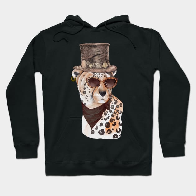 Big Cat with Spots Wearing Top Hat and Leopard Print Sunglasses Hoodie by kansaikate